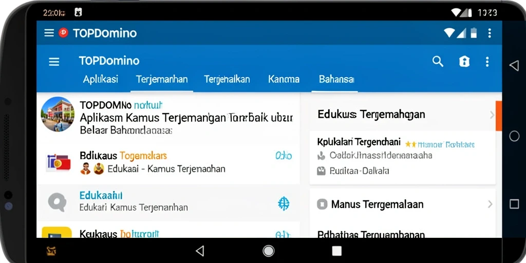 Antarmuka pengguna TOPDOMINO dengan fitur kamus terjemahan yang interaktif.